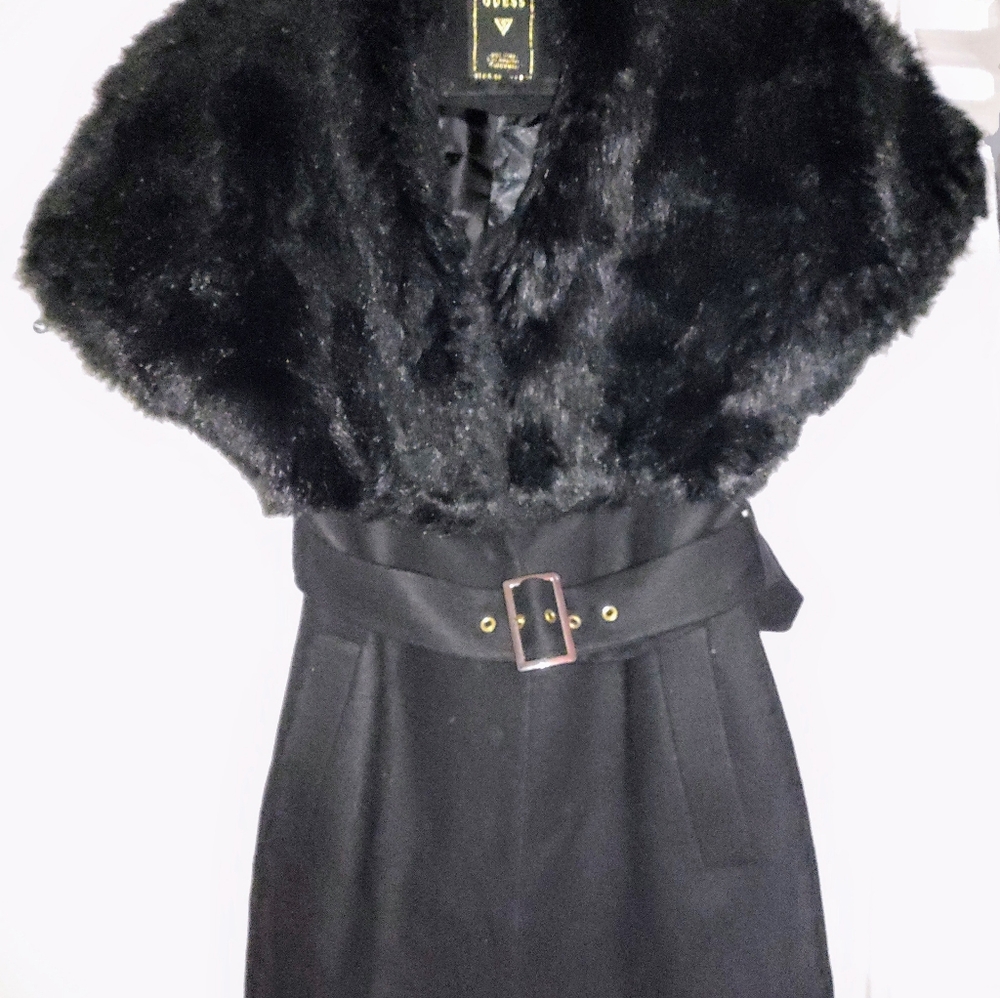 Ladies Guess Faux Fur Sleeveless Black Coat small